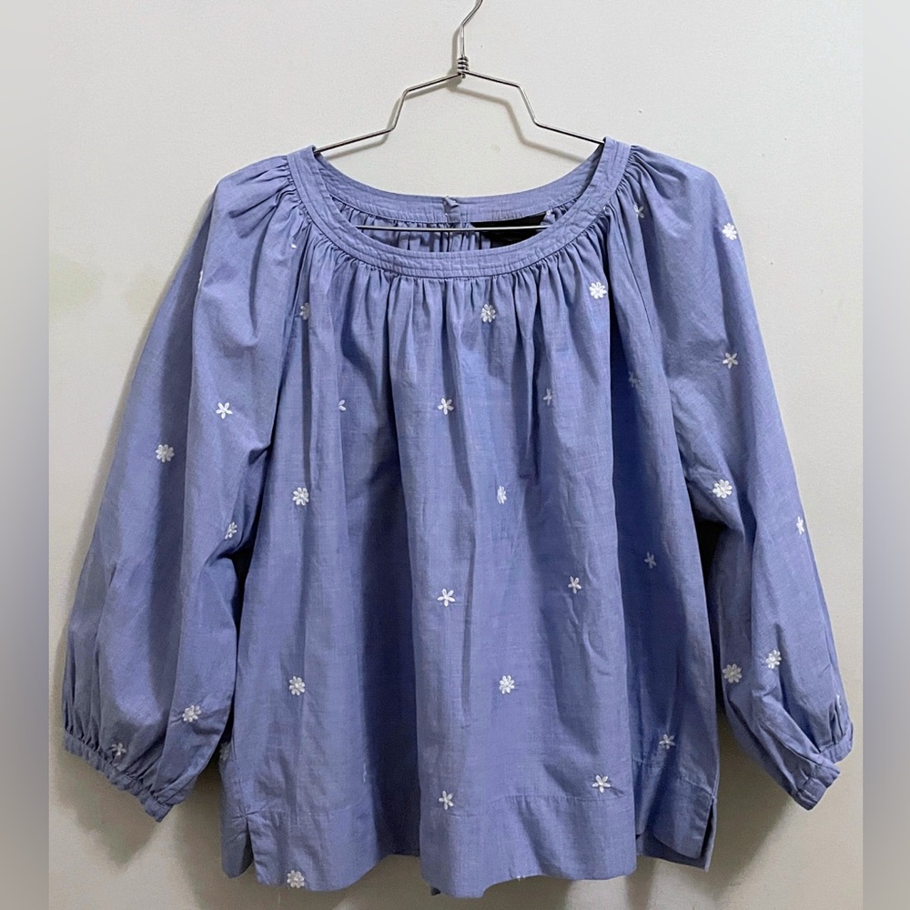J. Crew Blue Blouse with White Floral Embroidery